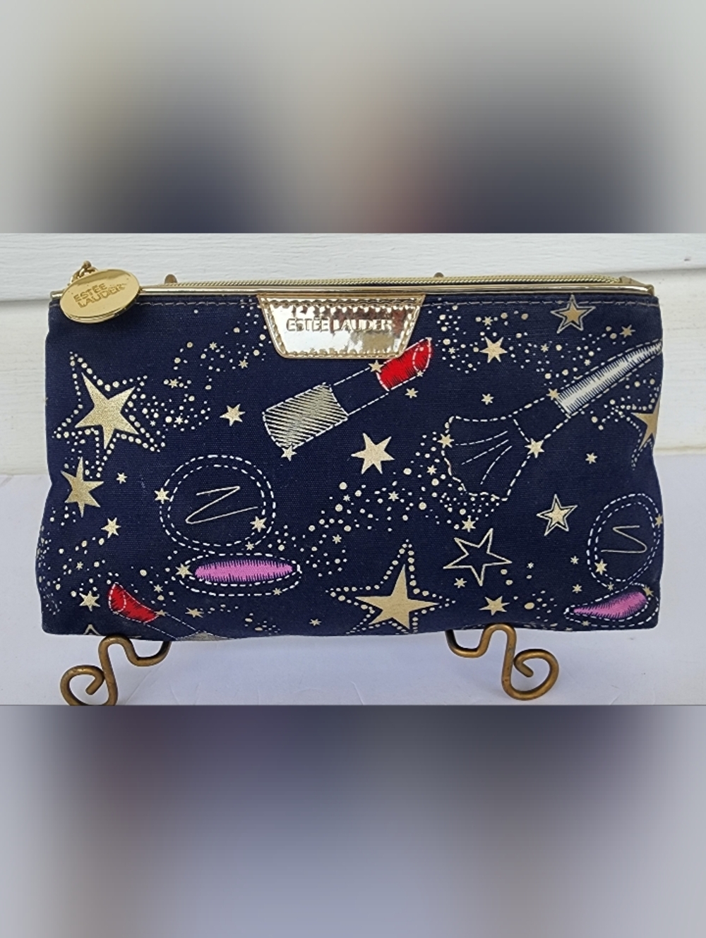 Estee Lauder Navy Cosmetic Pouch with Gold Star & Lipstick Print